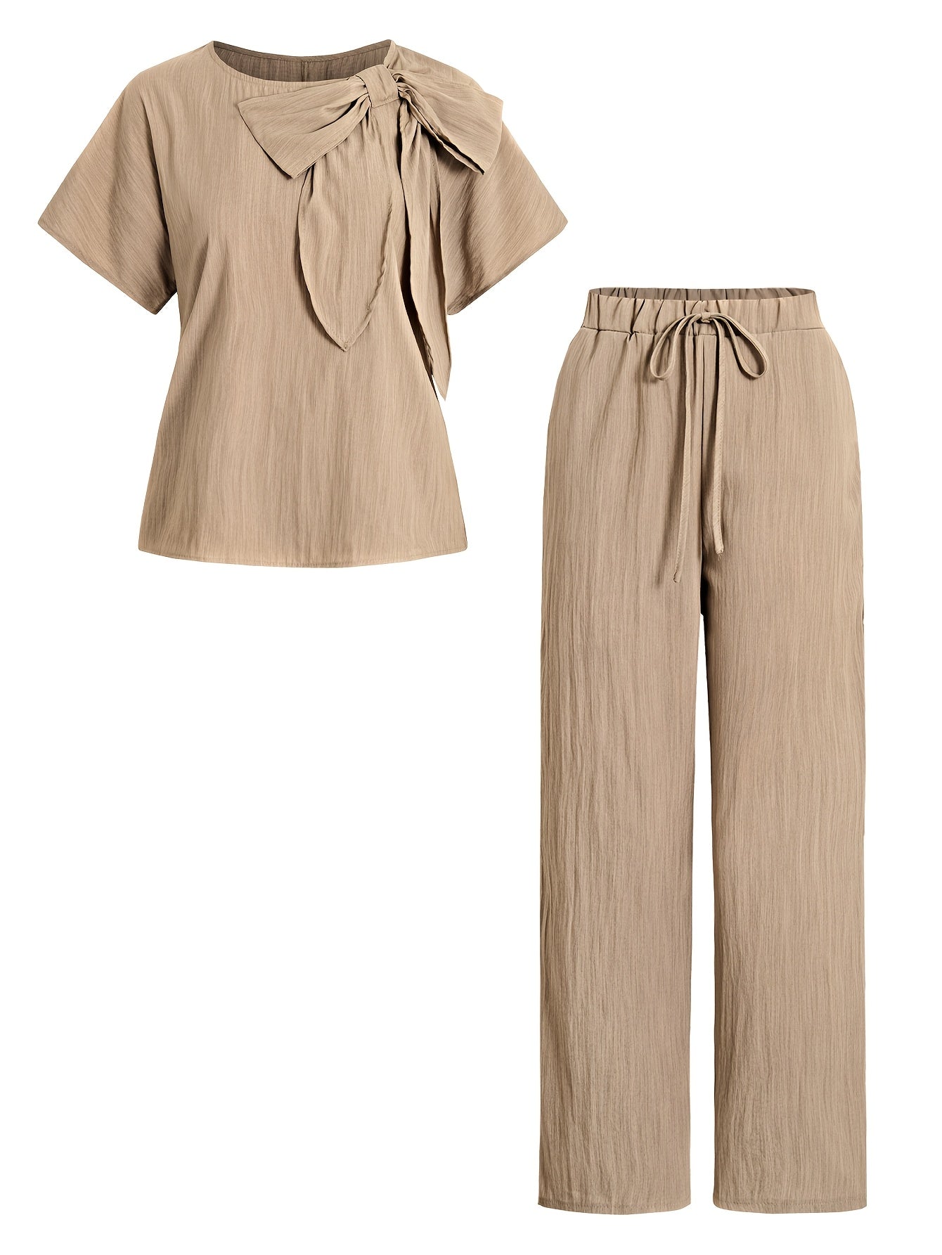 Women'S Casual Beige Knotted Top & Matching Pants Set - Spring/Summer Style, Solid Color, Relaxed Fit with Drawstring Waist, Stylish Accessory Bag, Everyday Casual Wear|Stylish Knotted Top|Drawstring Waist Pants, Casual Wear