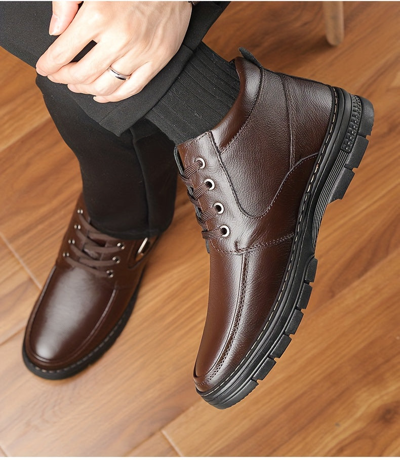 Men's Leather Boots, Winter Thermal Shoes, Windproof Hiking Boots With Fuzzy Lining