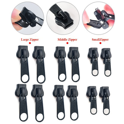3/6/12pcs Instant Zipper Repair Kit, with Universal Design and Multiple Sizes, Portable Fast Repair Buckle, Replace Zipper, Suitable for Luggage and Clothing, Black