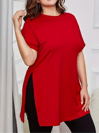 Plus Size Side Split Solid T-Shirt, Casual Crew Neck Short Sleeve T-Shirt, Women's Plus Size Clothing