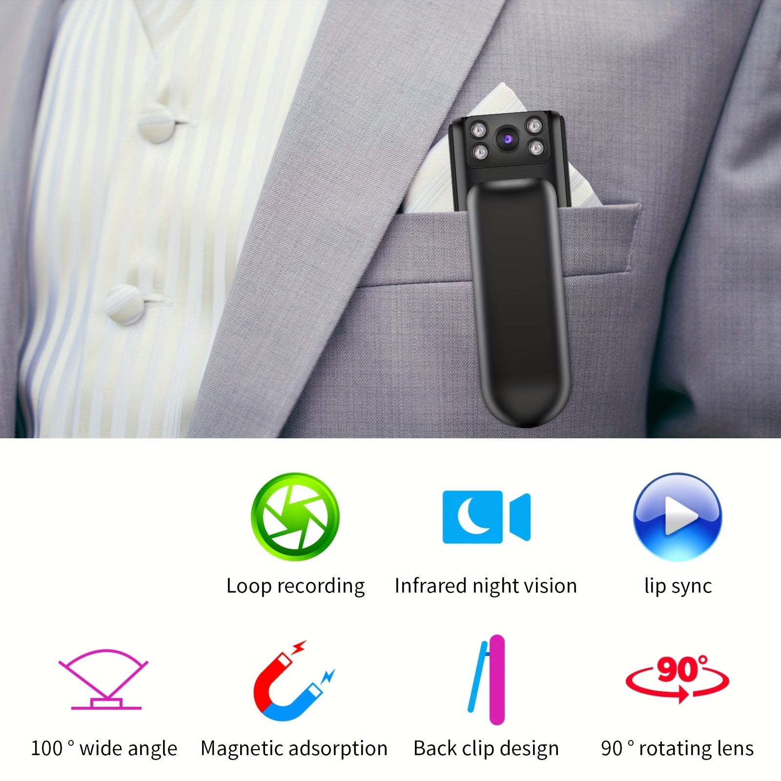 Cámara corporal portátil con audio: visión nocturna y gran angular para fuerzas del orden, guardias de seguridad y grabaciones deportivas (batería recargable por USB, 450 mAh)