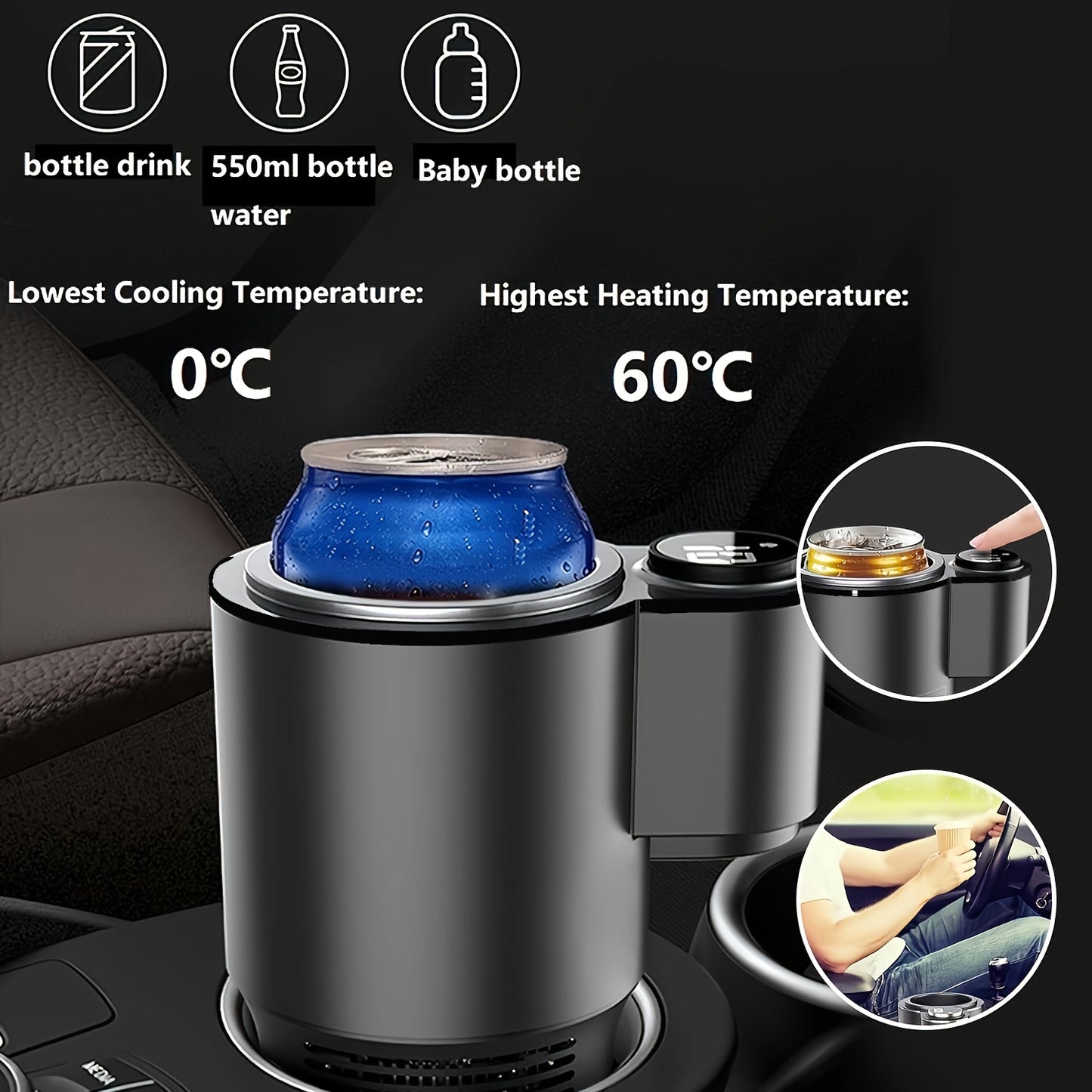 EFGHONG Smart Car Cup Cooler & Warmer - 2-in-1 Beverage Holder with One-Click Temperature Control, Portable for Bottles up to 18.6oz, Black, Fits Vehicle Cup Holders