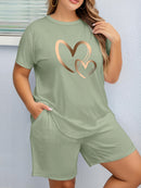 2pcs Women'S Plus Size Casual Outfit - Heart Print Short Sleeve T-Shirt & Pocketed Shorts, Stretchy Waistband, Crew Neck, Soft Fabric, Perfect for Spring/Summer