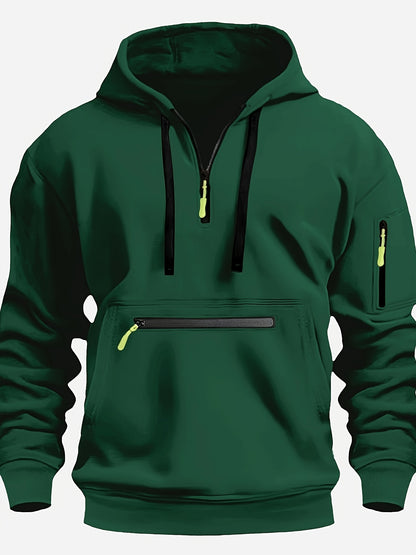 Solid Hooded Half Zip Long Sleeve Sweatshirt With Zippered Pocket For Men, Casual Hoodie For Winter And Fall