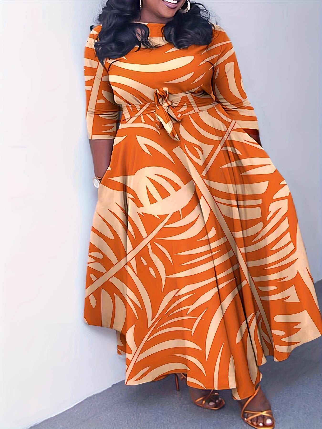 Elegante vestido de poliéster de talla grande con cinturón: cuello redondo elástico cómodo, estilo informal para el fin de semana, dobladillo recto, silueta grande con bolsillos, manga corta, tejido de punto jersey para primavera, verano y otoño.