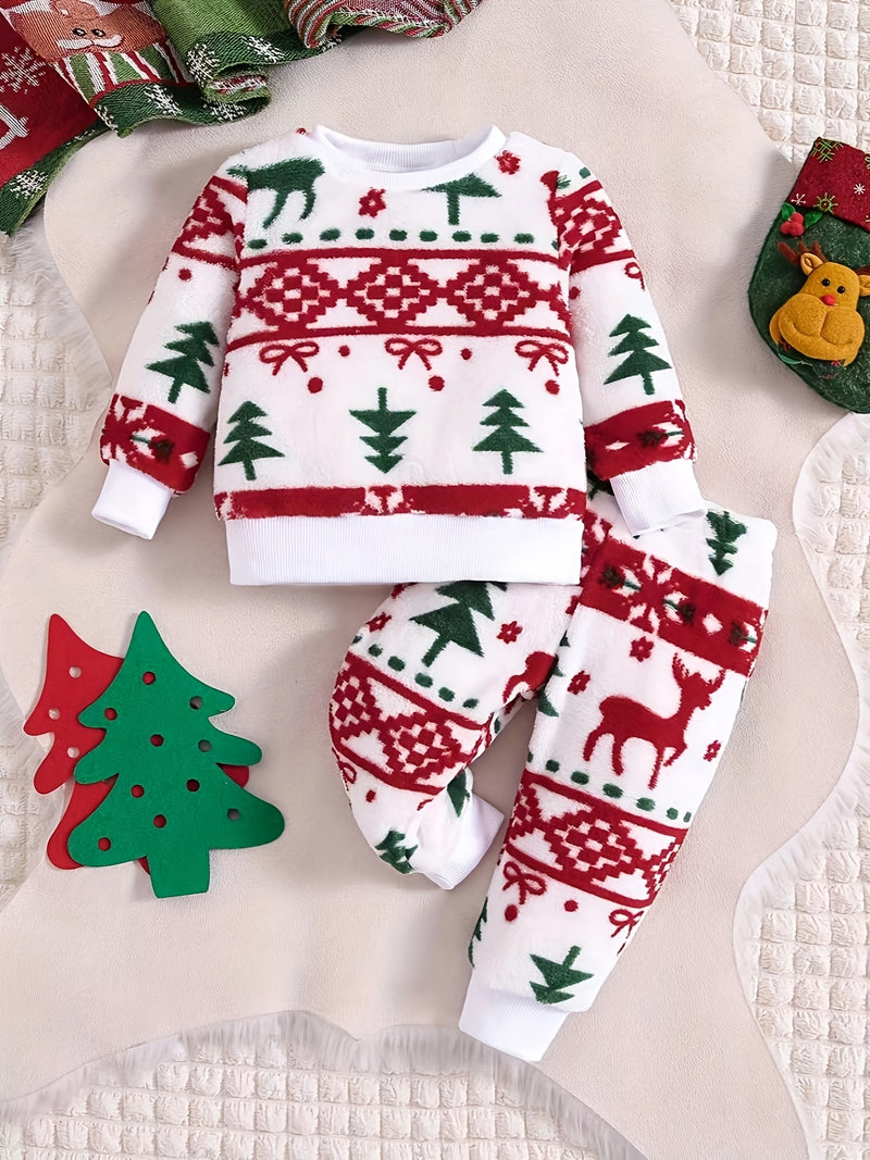 Traje de franela de otoño e invierno con estampado de dibujos animados de Navidad para niña, ropa interior cálida de dos piezas para niña