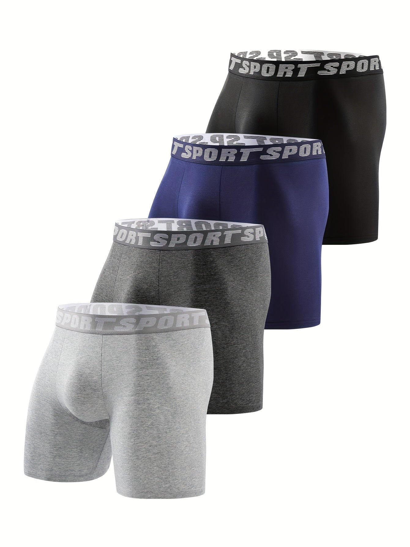 4pcs Men's Long Boxer Briefs - Breathable, Stretchy Polyester &amp; Spandex Blend, Non-Transparent with Letter Design - Perfect for Sports &amp; Fitness