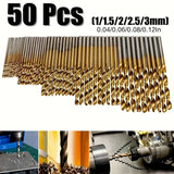 Juego de 50 brocas de acero de alta velocidad (HSS), con revestimiento de titanio, multitamaño de 1 a 3 mm, para metal, madera y plástico - Herramientas de perforación de precisión