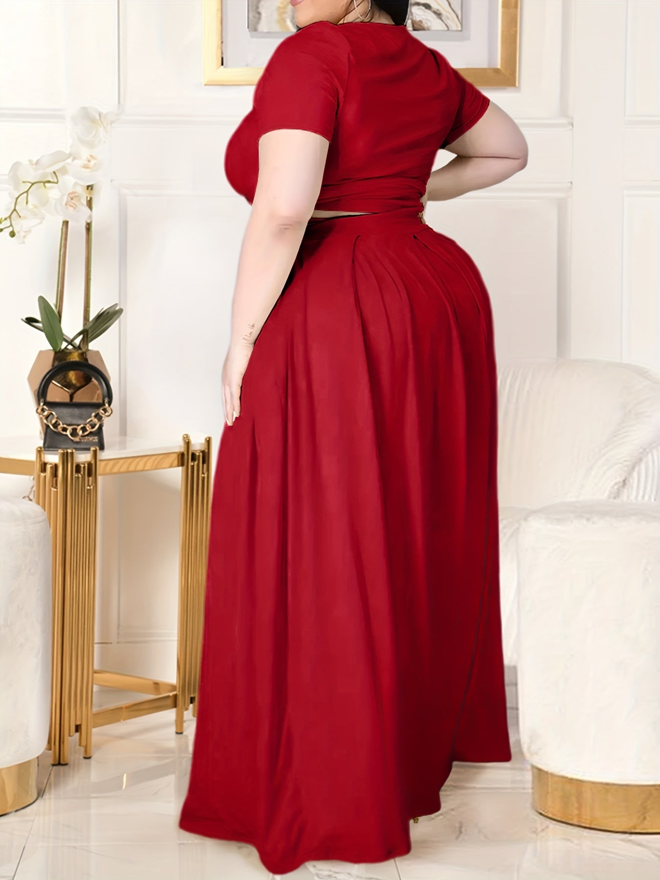 Plus Size Women's Solid Color Cross Tie Maxi Skirt Set, Casual Polyester Knit Dress with Short Sleeves, Round Neck, Pullover, Elastic Fabric, Fashionable Two-Piece Outfit