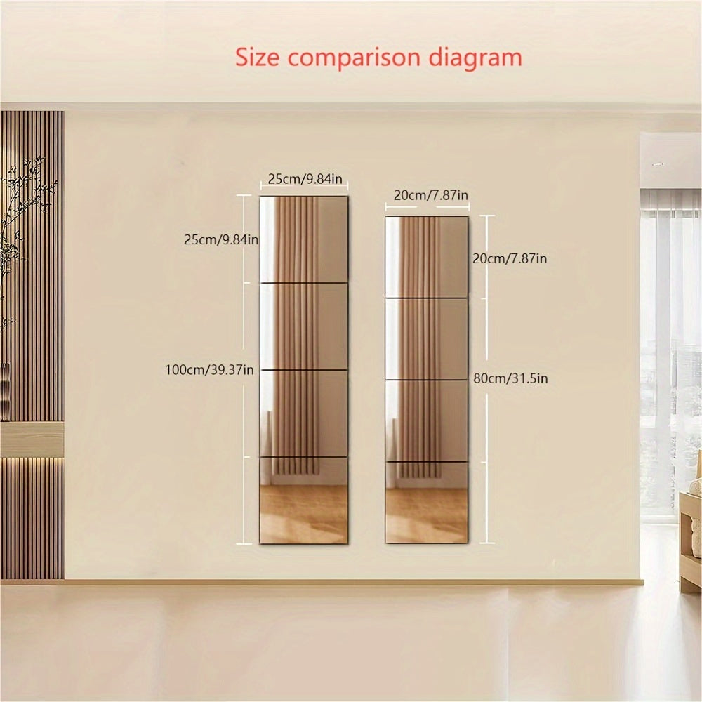 4pcs Set, 1mm Thick Square Acrylic Mirror Wall Decals - Shatterproof & Removable, Perfect for Bedroom, Living Room, Office, Kitchen, Bathroom, and Entryway Decor, Full-Length Dressing Mirror Stickers, 7.9x7.9 Inches