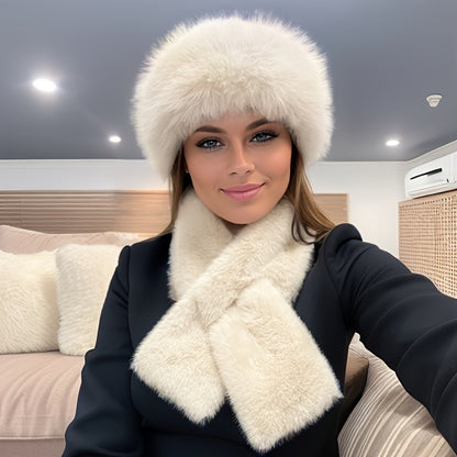 Women'S Luxurious Faux Fur Hat and Scarf Set, Winter Warmth Thickened Polyester Fox Fur Cap with Earmuffs, Elegant Festive Gift, Knitted No-Brim Hat, Non-Stretch, Hand Wash Only