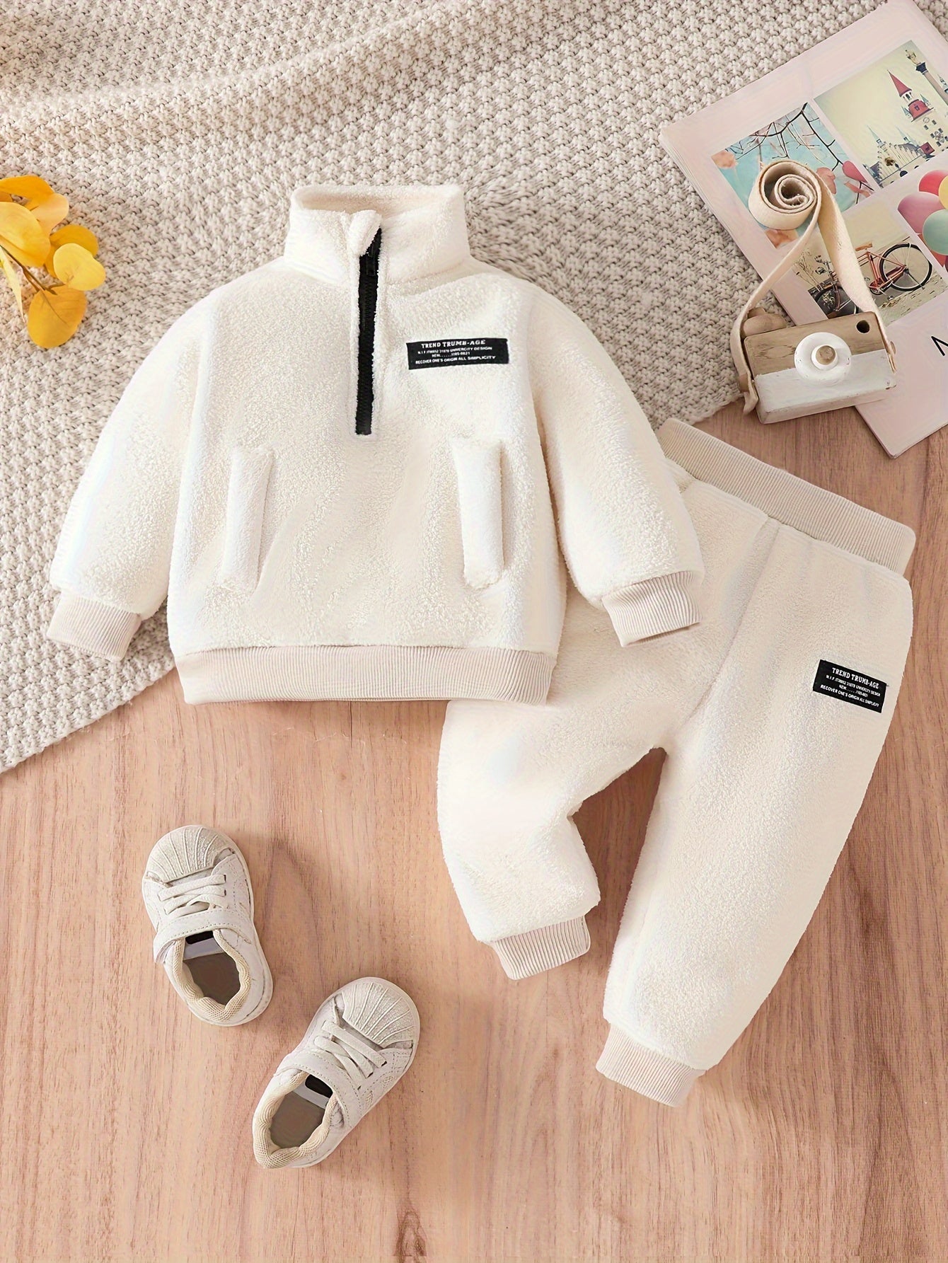 2pcs Baby's Warm Fuzzy Stand Collar Long Sleeve Top & Casual Pants, Toddler & Infant Boy's Clothing Set For Fall Winter, Outdoor Cloth