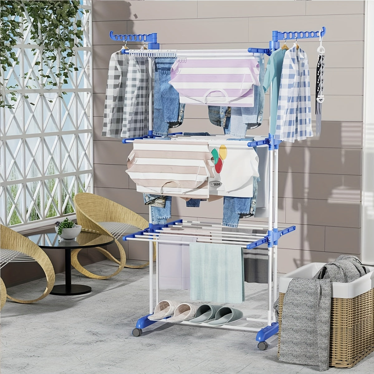 3-Tier Foldable Clothes Drying Rack with Wheels - Durable Metal & Plastic, Space-Saving Design for Indoor/Outdoor Use, Easy Assembly, Drying Racks
