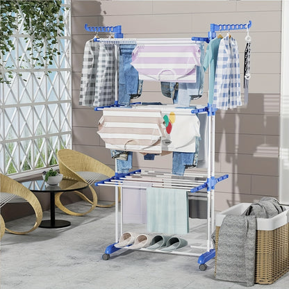 3-Tier Foldable Clothes Drying Rack with Wheels - Durable Metal & Plastic, Space-Saving Design for Indoor/Outdoor Use, Easy Assembly, Drying Racks