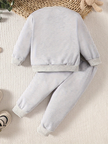 Adorable Bear Print Zip-Up Sweatshirt &amp; Joggers Set for Boys - Cozy Polyester Blend, Machine Washable - Perfect for Fall/Winter, Perfect for Outdoor