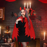 Devil Costume Set for Women - Halloween Outfit, Cosplay Cape &amp; Horn Headband with Trident, Polyester Vampire Cloak for Carnival Masquerade, Christmas, Easter, New Year, Birthday &amp; Bachelor Party - Suitable for Ages 14+ - No E