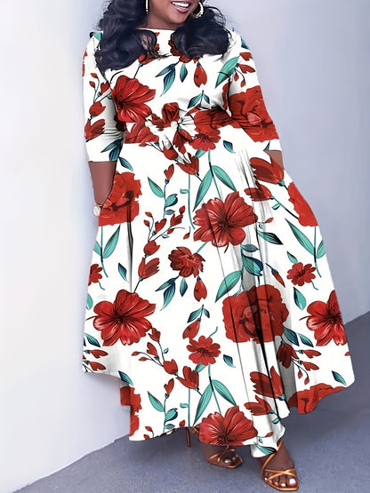 Elegante vestido de poliéster de talla grande con cinturón: cuello redondo elástico cómodo, estilo informal para el fin de semana, dobladillo recto, silueta grande con bolsillos, manga corta, tejido de punto jersey para primavera, verano y otoño.