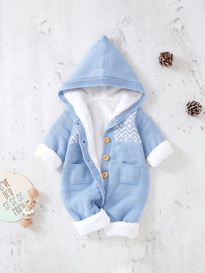 Newborn Boys And Girls Knitted Jumpsuit With Long Sleeve Hooded Pants Jumpsuit