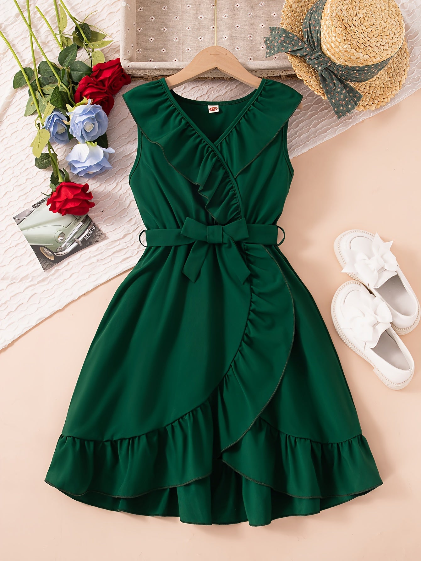 HWMFSNHFZ Elegant Girls Solid Ruffle Trim Sleeveless Belted Dress Summer Clothes Party