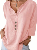 V-Neck Button-Up Top - Loose Fit Solid Color Pullover, Fashionable Casual V-Neck Shirt for Women, Relaxed Fit, Non-Stretch Cotton Linen Blouse
