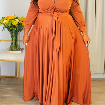 Plus Size Solid Color Tie Waist Dress, Elegant Long Sleeve Surplice Neck Maxi Dress For Spring & Fall, Women's Plus Size Clothing