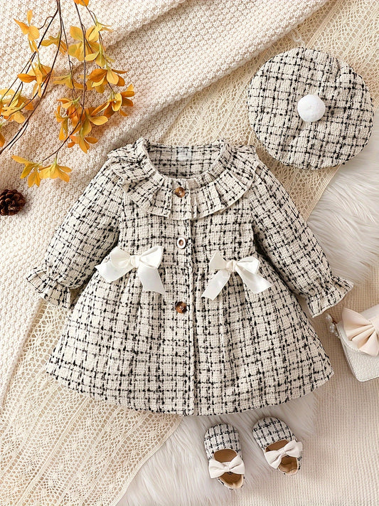 Baby's Elegant Bowknot Decor Ruffled Tweed Long Sleeve Dress, Infant & Toddler Girl's Dress For Daily Wear/Holiday/Party, As Gift