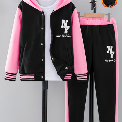 'NY' Letter Print Girl's Preppy Outfit, Color Block Hooded Varsity Jacket + Sweatpants Set Comfy Stylish 2-piece Girls Winter/ Fall Outdoor Clothes