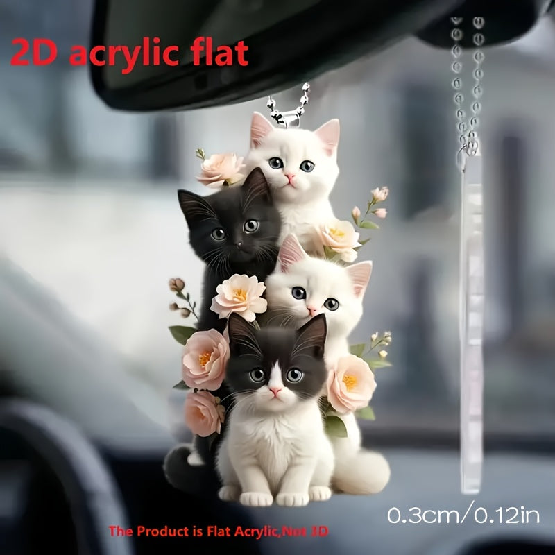 Charming Acrylic Cat & Floral Hanging Ornament - Versatile 2D Decor for Car Rearview Mirror, Bags & Keychains - Perfect Couple's Gift & Holiday Accessory