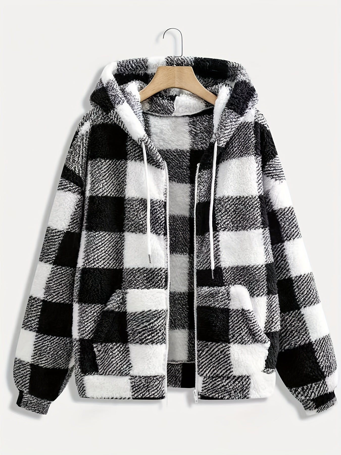 Plaid Pattern Drawstring Hooded Teddy Coat, Casual Pockets Long Sleeve Thermal Fuzzy Outwear For Fall & Winter, Women's Clothing