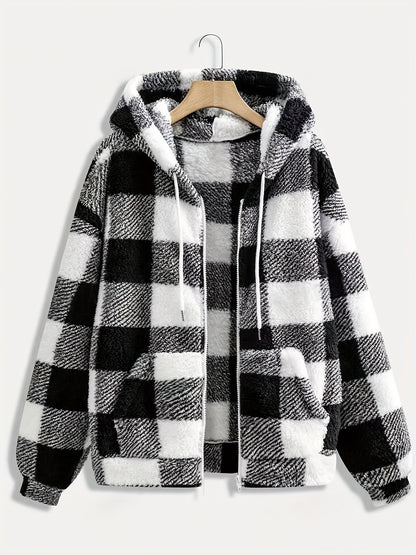 Plaid Pattern Drawstring Hooded Teddy Coat, Casual Pockets Long Sleeve Thermal Fuzzy Outwear For Fall & Winter, Women's Clothing