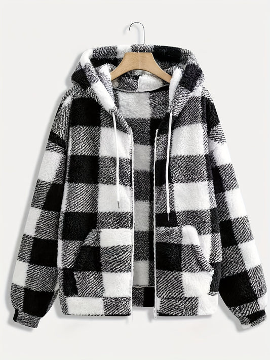 Abrigo de peluche con capucha y cordón ajustable, estampado a cuadros, bolsillos casuales, manga larga, abrigo térmico afelpado para otoño e invierno, ropa de mujer