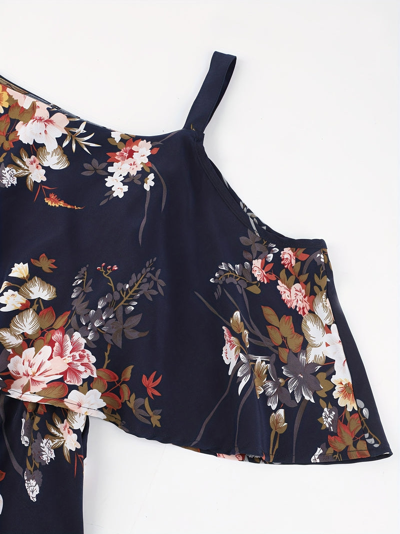 Plus Size Bohemian Off-Shoulder Boat Neck Dress - Floral Print Long Sleeveless Maxi Dress with Pockets, X-Line Silhouette for Women, Spring/Summer Casual Vacation & Beach Outfits, Beach Dresses, Summer Outfit, Durable Constru