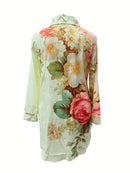 Plus Size - Elegant Floral Print Maxi Dress with Long Sleeves - Blue & White Floral Design, Button-Up Front, Casual Style for Women, All-Season Wear, Casual Summer Dress | Floral Print Dress | Nonstretch Fabric