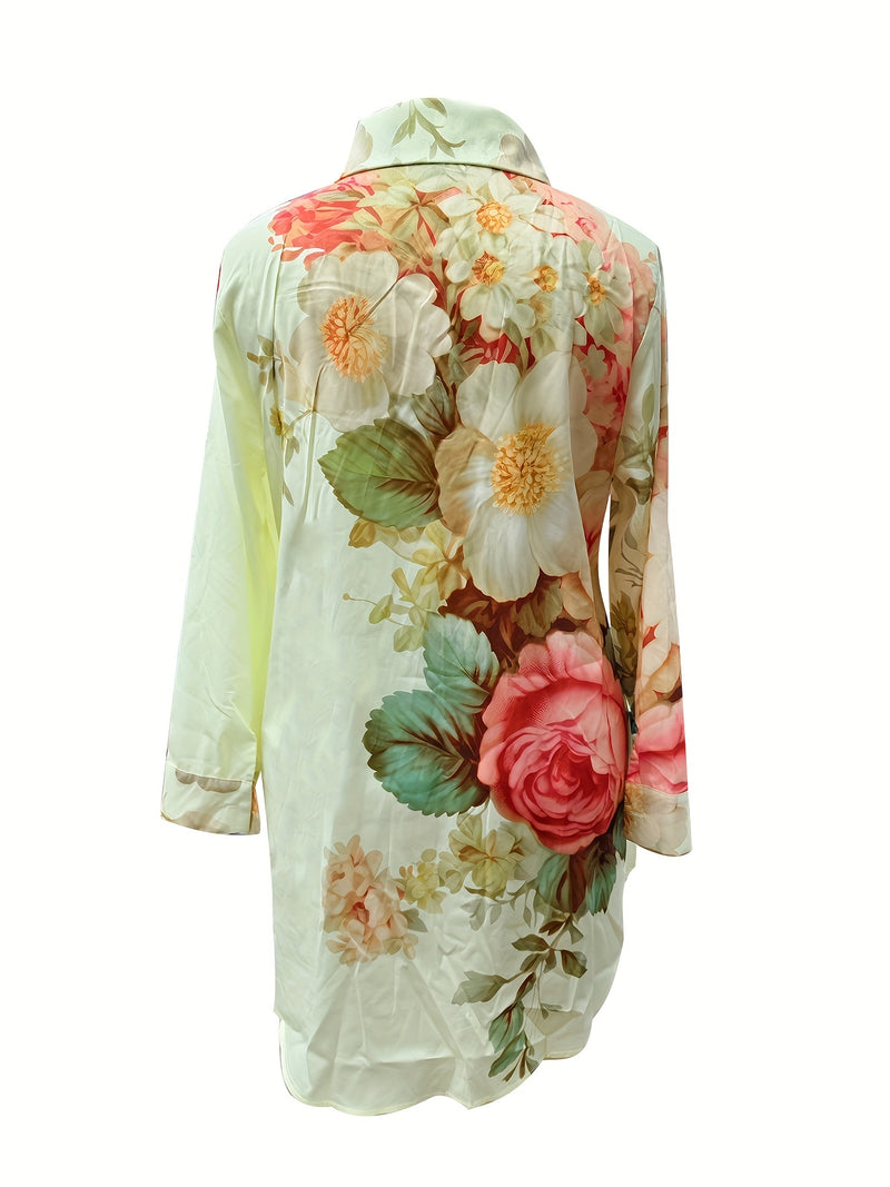 Plus Size - Elegant Floral Print Maxi Dress with Long Sleeves - Blue & White Floral Design, Button-Up Front, Casual Style for Women, All-Season Wear, Casual Summer Dress | Floral Print Dress | Nonstretch Fabric