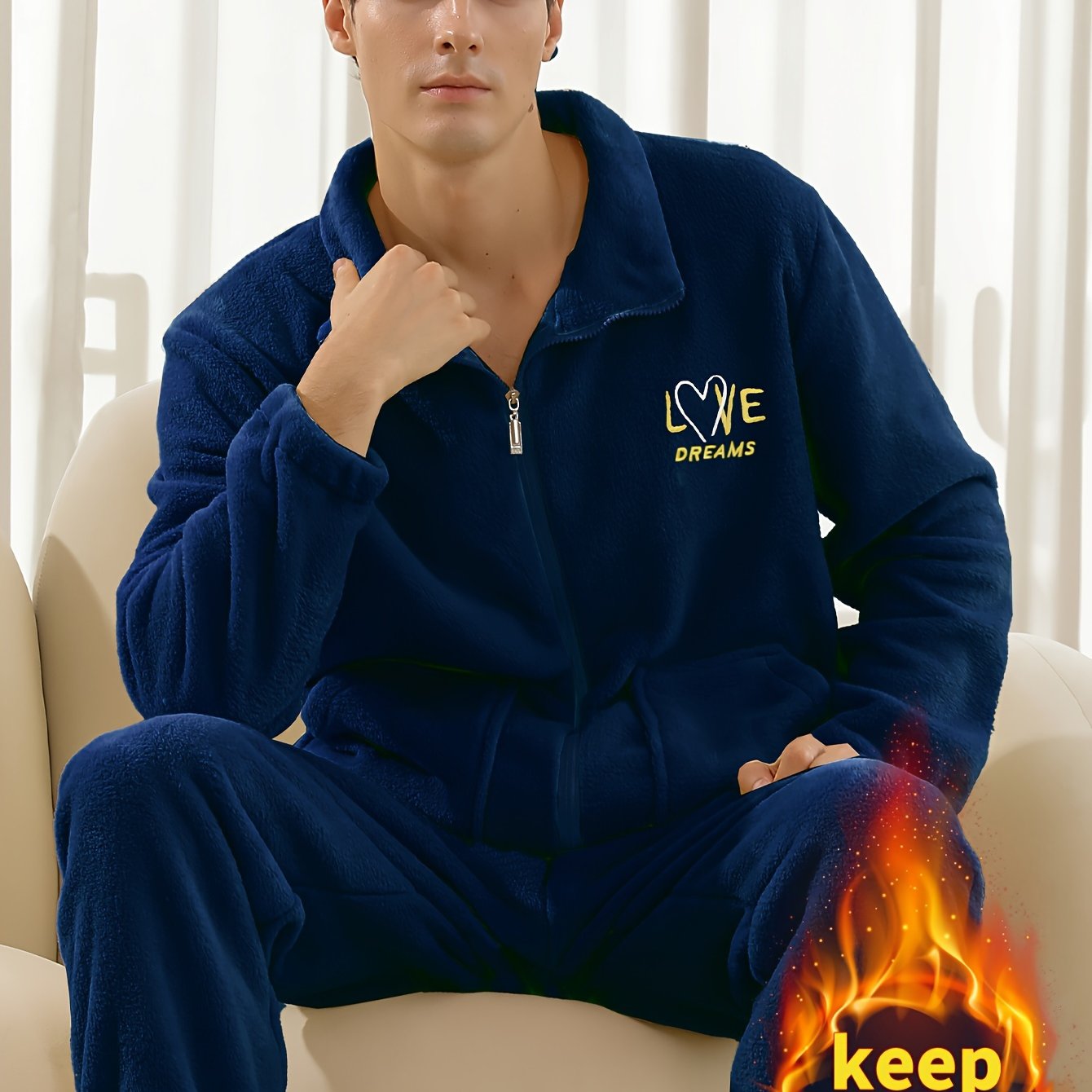 Conjunto de pijama de hombre con camiseta y pantalón de franela con bordado de letras, cuello alto, cremallera y manga larga para otoño e invierno.