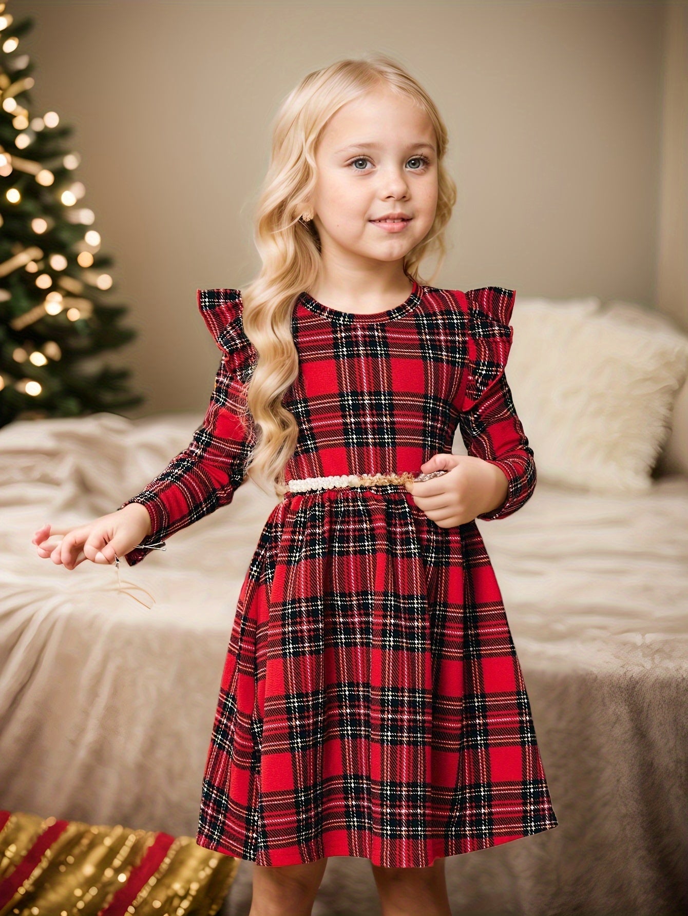 Mommy and My Girl Autumn Plaid Knit Leaf Sleeve Casual Christmas Dress, Best for Christmas