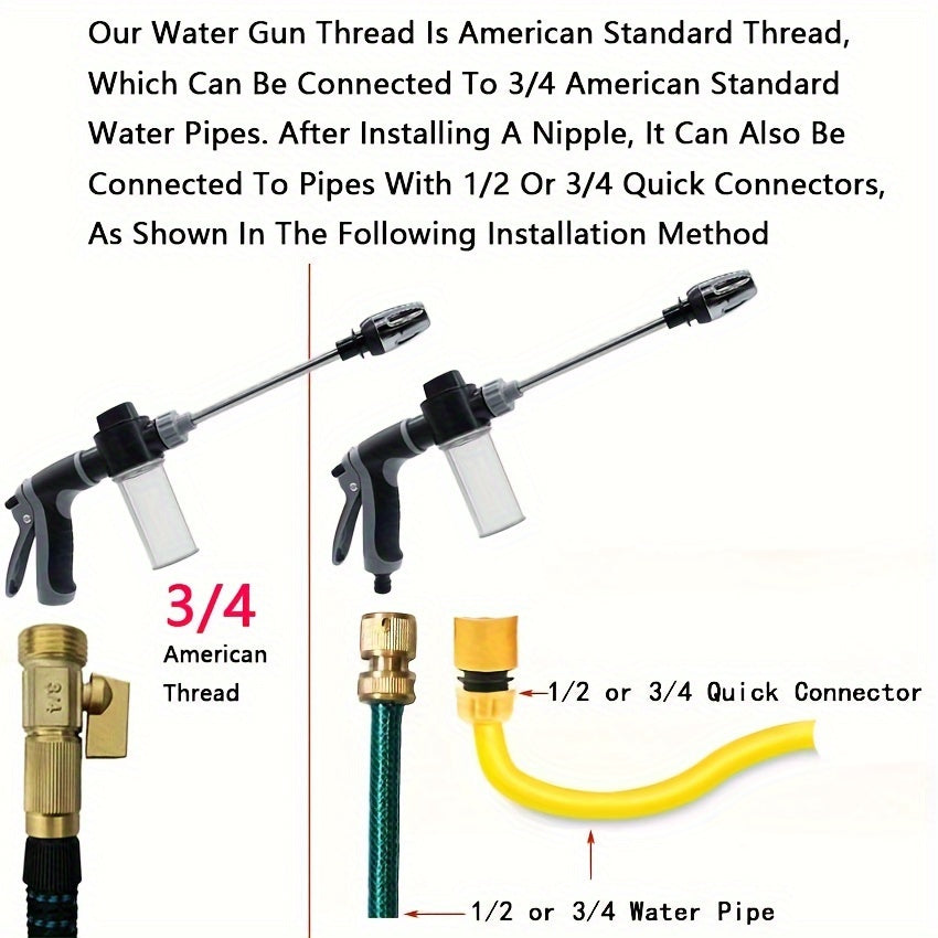 Pistola de agua de alta presión para lavado de autos, boquilla multifunción para manguera de jardín, rociador de varilla gruesa ajustable con punta de cobre chapado, adaptador universal de conexión rápida de 3/4" y 1/2" para herramientas de limpieza.