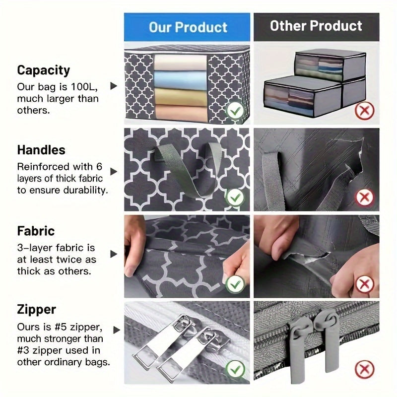 6pcs Set 90L Gray & White Printed Clothes Organizer with Lids - Collapsible, Waterproof Storage Bins with Reinforced Handles and Transparent Viewing Window for Bedding, Blankets, Toys, Under-Bed Storage