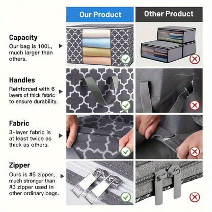 6pcs Set 90L Gray & White Printed Clothes Organizer with Lids - Collapsible, Waterproof Storage Bins with Reinforced Handles and Transparent Viewing Window for Bedding, Blankets, Toys, Under-Bed Storage