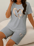 2pcs Women's Plus Size Casual Outfit - Heart Print Short Sleeve T-Shirt & Pocketed Shorts, Stretchy Waistband, Crew Neck, Soft Fabric, Perfect for Spring/Summer