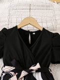Girls' Stylish & Chic Puff Sleeve Belted Jumpsuit For Spring & Summer, Girls' Clothes