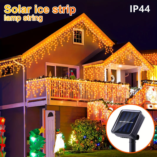 1 cadena de luces LED solares impermeables con forma de carámbano (7 m, 160 LED), perfecta para Navidad, Halloween y Acción de Gracias, ideal para dormitorio, patio, jardín y exteriores.