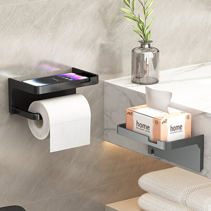 Portarrollos de papel higiénico de pared, fácil de instalar, sin taladros, con soporte para teléfono - Organizador de baño con acabado pulido
