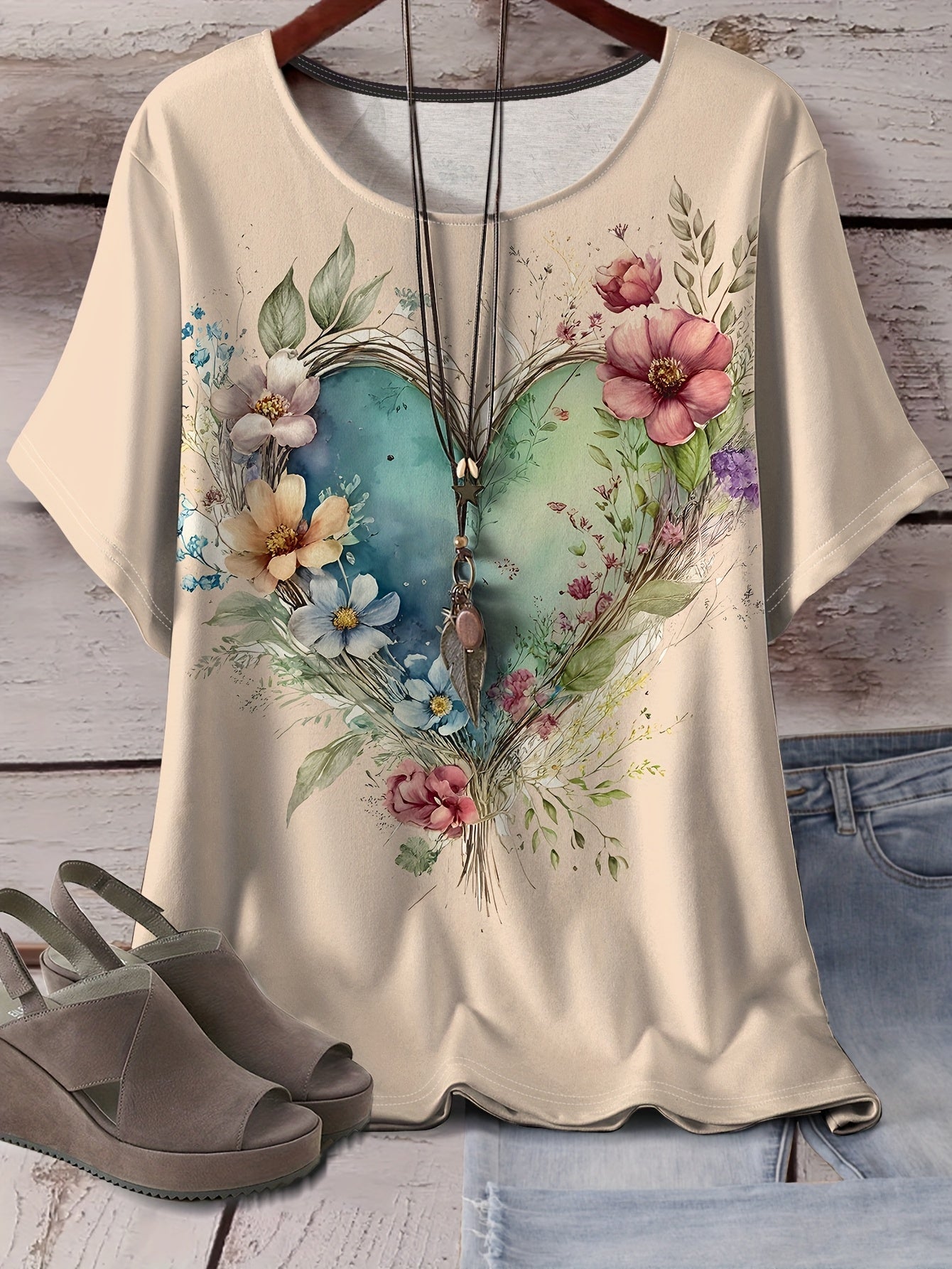 Women's Plus Size Light Blue Floral Heart All-Over Print T-Shirt - Stretchy Casual Round Neck Short Sleeve Top, Machine Washable for Casual Attire, Versatile Wardrobe Staple, Stylish Graphic Tee, Comfortable Fit, Printed Blou