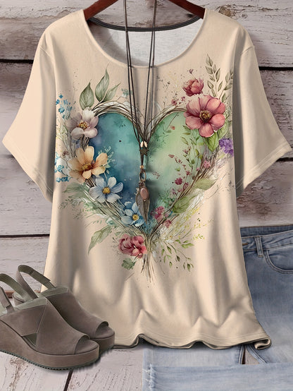 Women's Plus Size Light Blue Floral Heart All-Over Print T-Shirt - Stretchy Casual Round Neck Short Sleeve Top, Machine Washable for Casual Attire, Versatile Wardrobe Staple, Stylish Graphic Tee, Comfortable Fit, Printed Blou