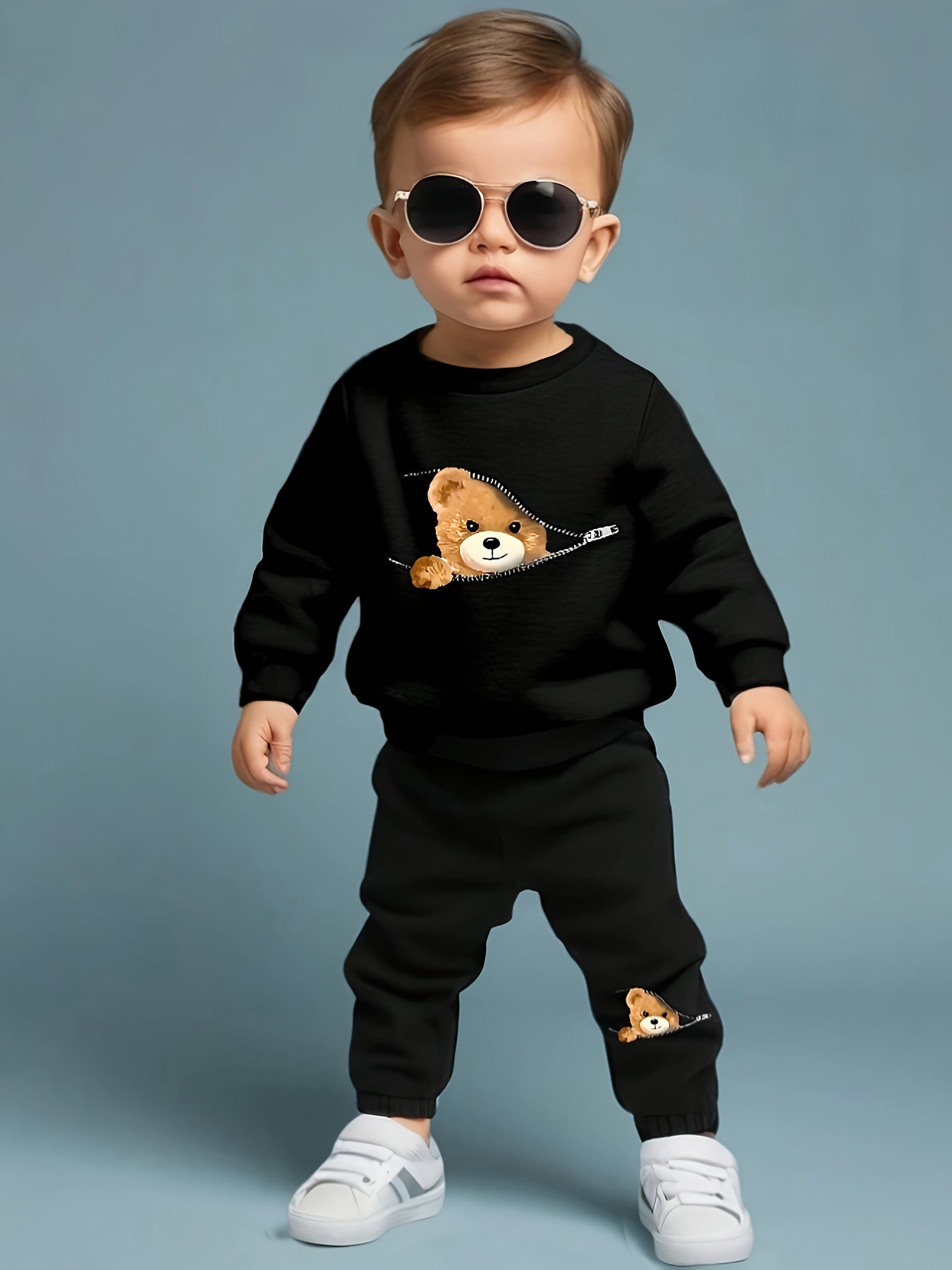 Adorable Bear Print Zip-Up Sweatshirt &amp; Joggers Set for Boys - Cozy Polyester Blend, Machine Washable - Perfect for Fall/Winter, Perfect for Outdoor