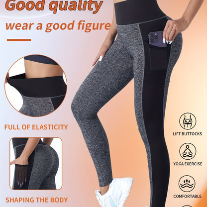 [1pc Women'S High Waist Yoga Leggings] 1pc Women'S High Waist Yoga Leggings with Contrast Color Pocket, Soft Stretchable Polyester Knit Sports Pants, Breathable Activewear for All Seasons