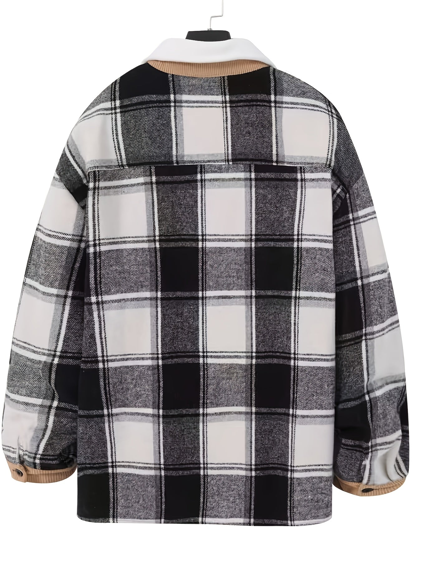1pc Men'S Casual Plaid Fleece Jacket, Thickened Outerwear with Button Closure, Polyester Fabric, Non-Stretch, Regular Fit, Autumn/Winter Season, Solid Color Pocket Detail