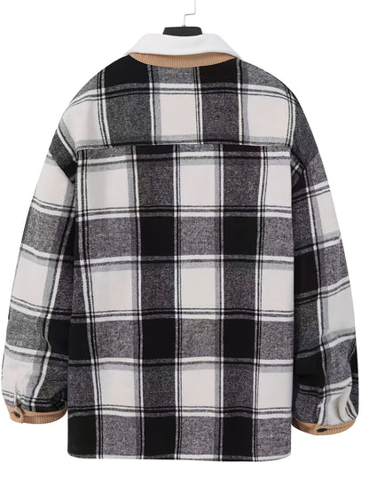 1pc Men'S Casual Plaid Fleece Jacket, Thickened Outerwear with Button Closure, Polyester Fabric, Non-Stretch, Regular Fit, Autumn/Winter Season, Solid Color Pocket Detail