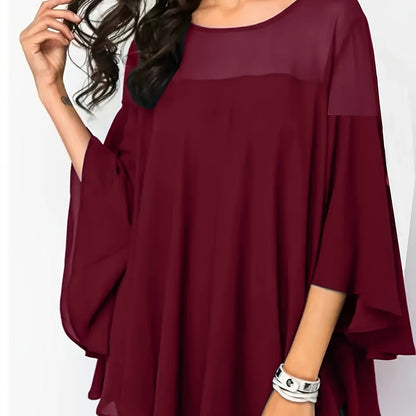 Plus Size Asymmetrical Hem Blouse, Casual Solid Crew Neck Blouse For Spring, Women's Plus Size Clothing